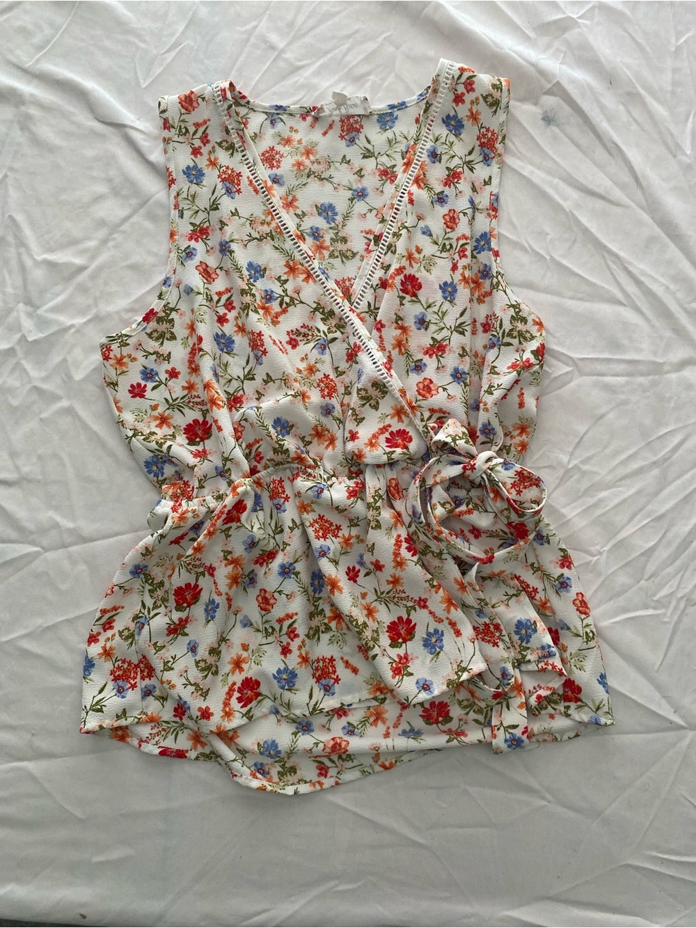 Floral Wrap Camisole in Cream with Red & Blue Blooms - Picture 5 of 11